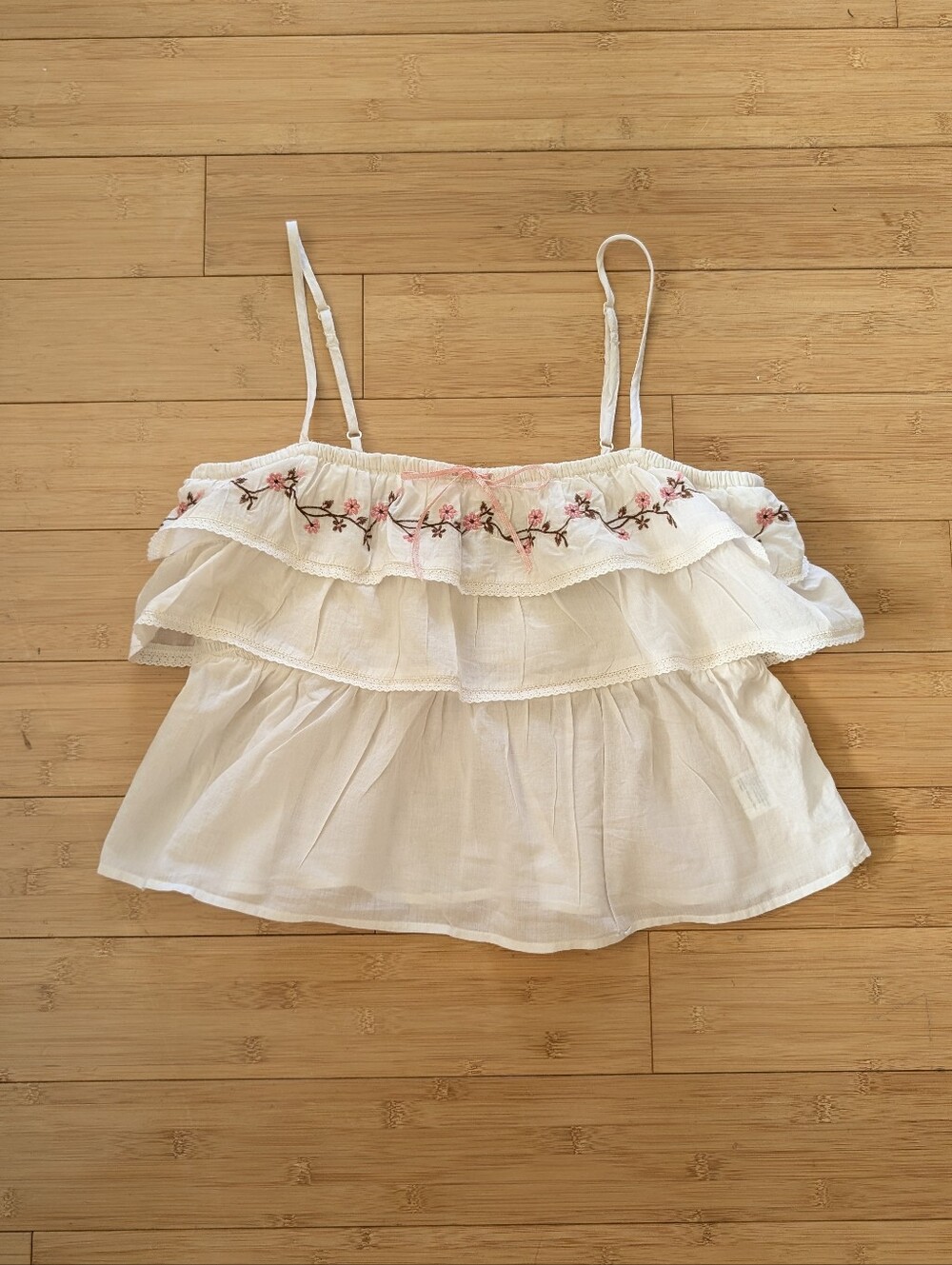 American Eagle Cream Ruffled Embroidered Tank Top with Pink Ribbon